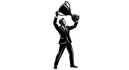 Obraz premium Businessman holding trophy aloft, celebrating victory, success, achievement, leadership, winning concept.