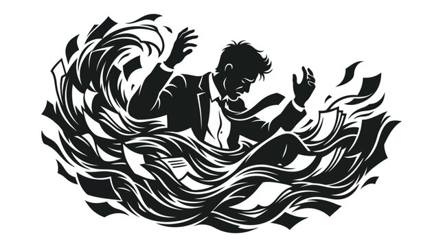 Businessman drowning in papers, overwhelmed by workload, stress concept
