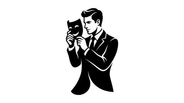 Businessman holding a smiling mask, hiding true emotions, duality, deception