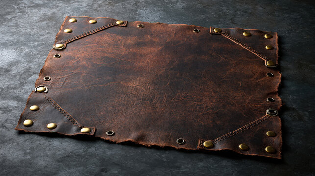 Vintage leather mouse pad dark brown textured surface rustic desk accessory handmade stitched leather brass rivet detail aged distressed leather rectangular mat gaming pad workspace decor luxury