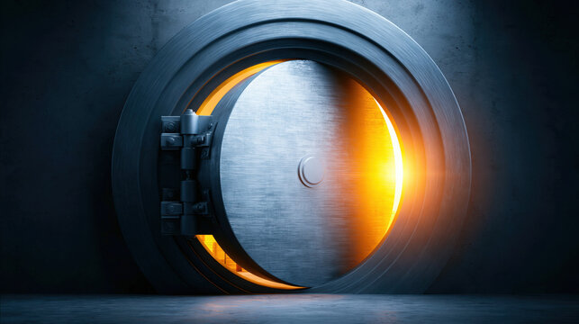 Bank vault door open with glowing interior, metallic security entrance in dark room