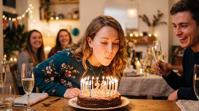 Happy Woman Blowing Out Candles on 28th Birthday Cake at Party with Friends