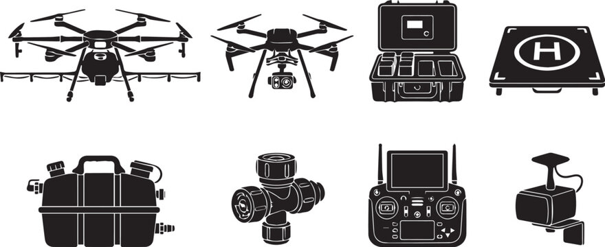 Agricultural spraying drones and smart farming UAV accessories silhouettes