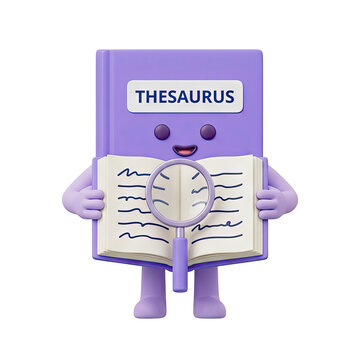 Cartoon thesaurus character holding a magnifying glass over an open
