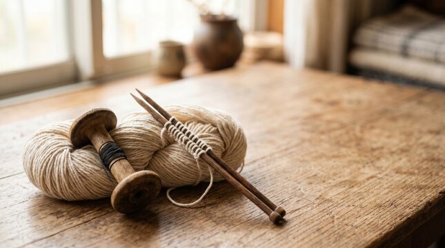 ナチュラルな編み物タイム：木製ボビンと生成りの毛糸