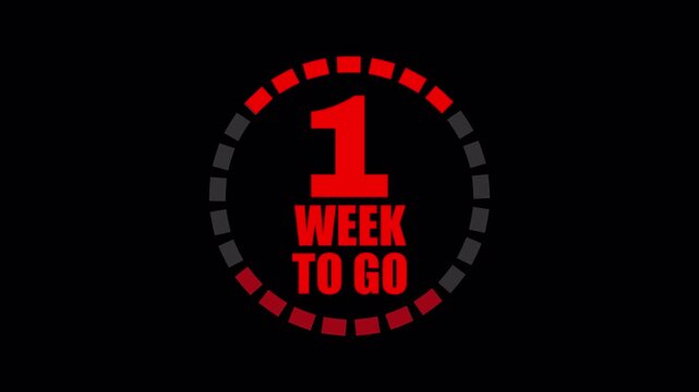 Red circular one week to go countdown with segmented progress blocks appears on black for deadlines and event reminders.