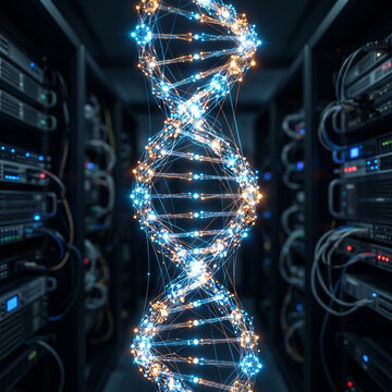 Digital DNA Helix in Server Room, Biotechnology, Genetics, Data Science