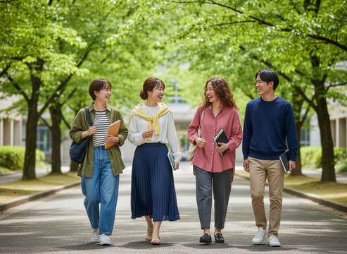キャンパスの並木道を歩く男女4人の大学生