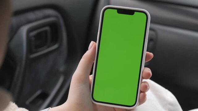 Hand holds phone with green screen inside car. Person focuses on device, calm and concentrated. Ideal for app demos, navigation, or car tech visuals. Realistic interior lighting enhances modern feel