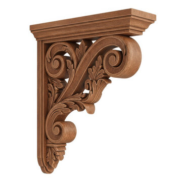 A beautifully crafted wooden corbel with intricate carvings and scrollwork.