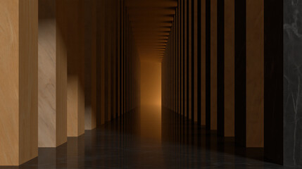 Obraz premium Minimalist corridor with warm light and dark shadow, low key fine art gallery interior, reflective floor, geometric column pattern, empty space