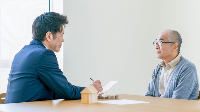 ファイナンシャルプランナーと資産運用を相談するシニア男性