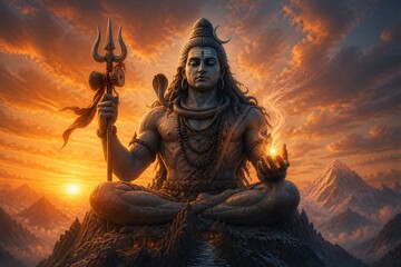 Fototapeta premium A statue of a deity sits cross-legged on a mountain. The figure holds a trident and a glowing orb in his hand. The sun sets behind with colorful clouds.