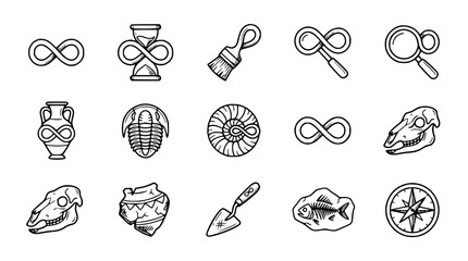 Archaeology Icons: Infinity, Fossils, Tools, Magnifying Glass, Compass, Amphora, Skull © Senja
