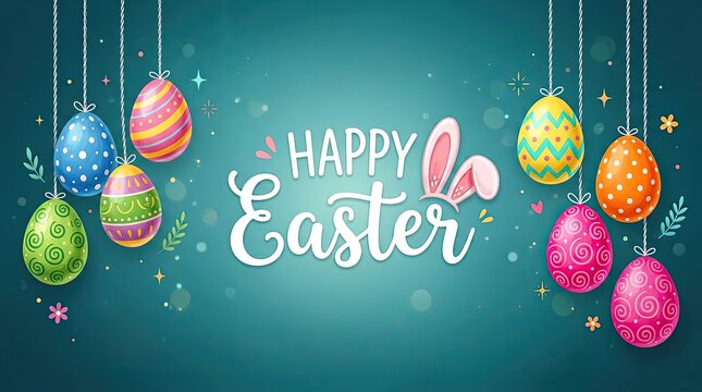 Happy easter colorful eggs and bunny greeting card