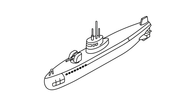 Military submarine line drawing with deck gun and periscope