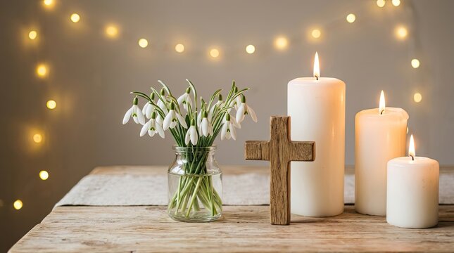 Easter decor with snowdrops candles and cross