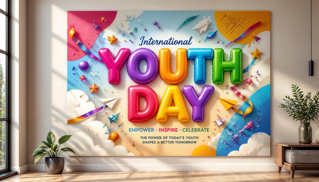 International youth day celebration poster design with colorful inflatable balloons representing empowerment inspiration and joyful future energy.