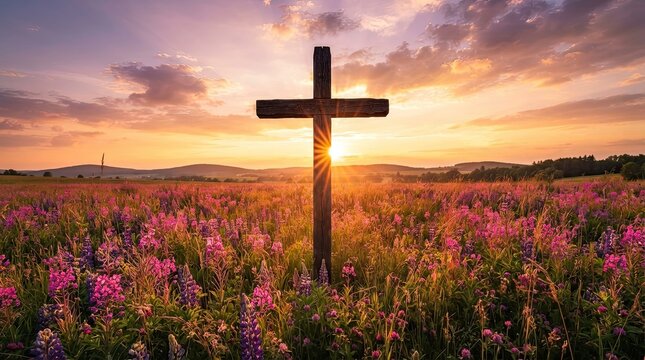Easter sunrise with cross in a vibrant flower field