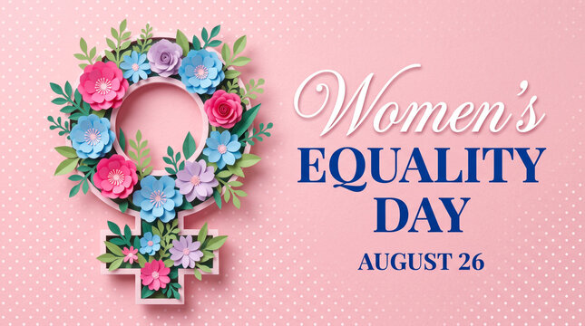 Womens equality day banner featuring paper cut floral venus symbol with pink and blue flowers against polka dot background for august 26.