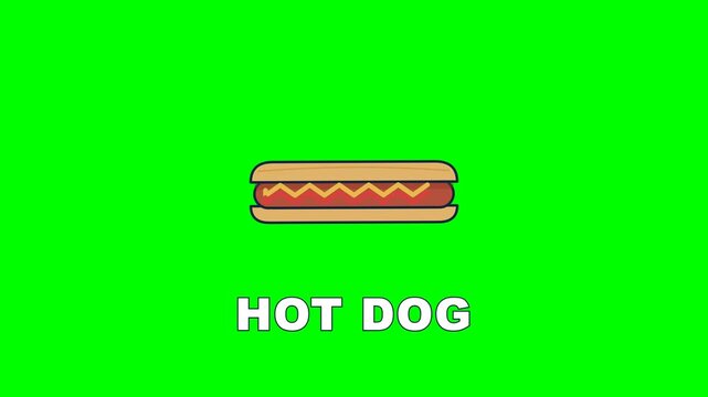 4K green screen HOT DOG animated title - a hot dog with mustard and ketchup, kinetic typography motion graphics intro overlay, chroma key