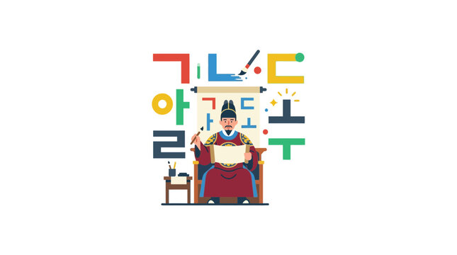 Illustration of Korean King Sejong Honoring Hangul Alphabet Creation