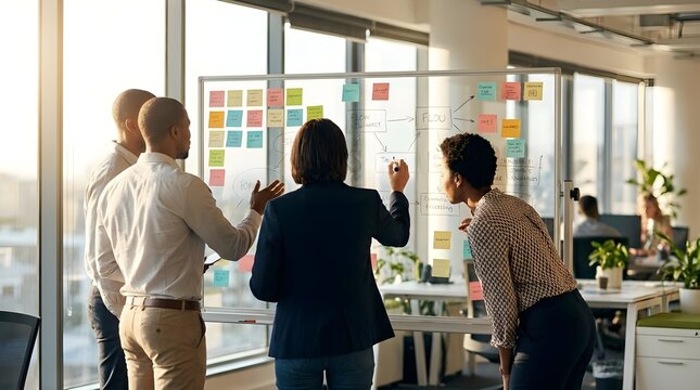 Back View of Colleagues Brainstorming at a Whiteboard
