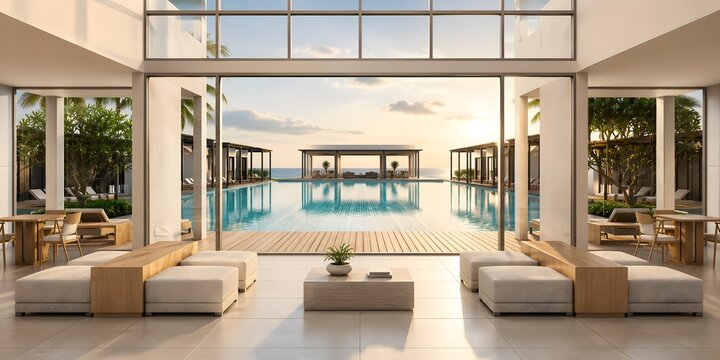 Luxury Modern Resort Lobby with Infinity Pool and Ocean View at Golden Hour &ndash; AI Generative