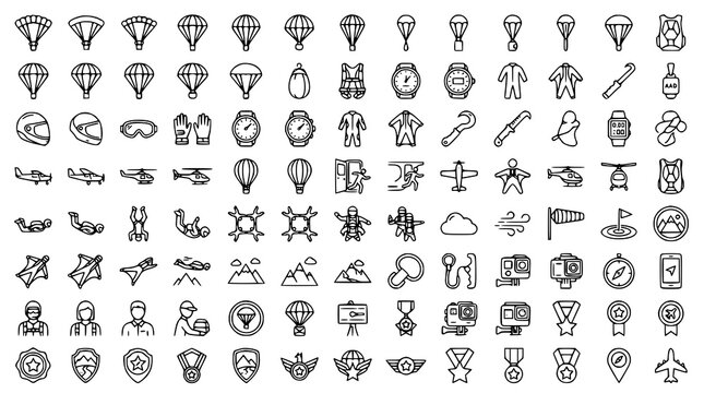 Professional Skydiving and Parachute Mega Thin Line Icon Set for Aviation and Adventure Sports Vector Illustration