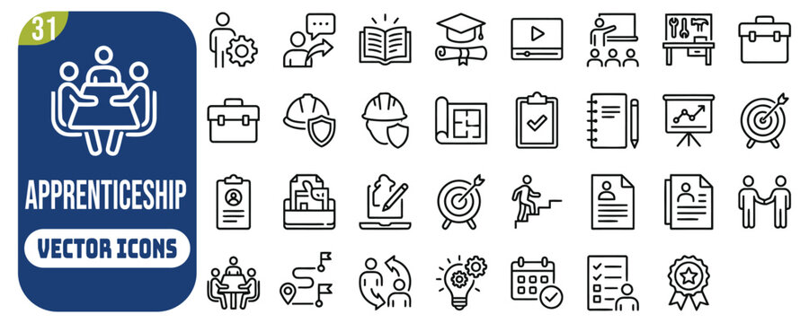 Apprenticeship icon set. Containing apprenticeship, training, learning, education, skill, competence, internship, and more. Editable stroke. Vector illustration.