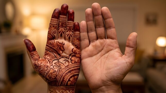 Close-Up of a Henna-Painted Palm Beside a Plain Palm