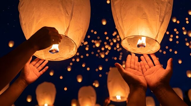 Close-Up of Hands Releasing Paper Lanterns Together at Night