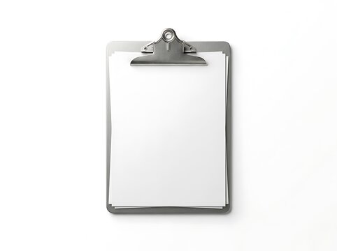 Silver metal clipboard holding blank white papers for business documents.