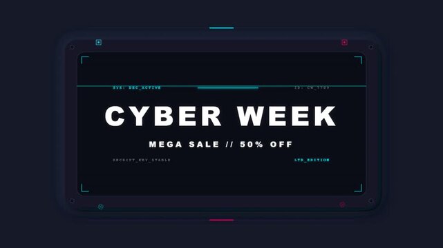 Cyber week mega sale title with futuristic glitch screen animation