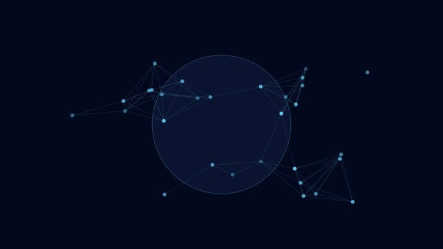 Abstract digital network connection with glowing nodes and lines in a circular frame animation 4k technology