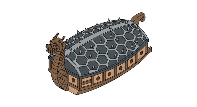 Traditional korean turtle ship with dragon head and spiked roof