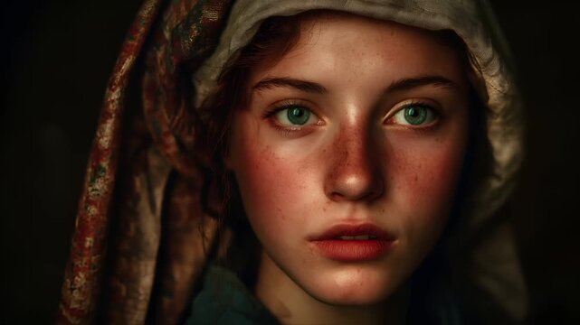 Europe medieval lifestyle. A closeup portrait of a young woman with striking green eyes and freckles. She wears a white headscarf with intricate red and gold patterns. Her skin is a warm.