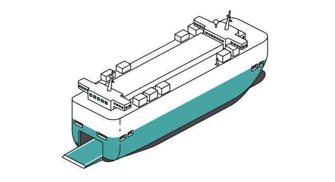 Large roro cargo ship with open loading ramp for transport