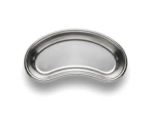 Shiny stainless steel kidney dish or basin on isolated white background.