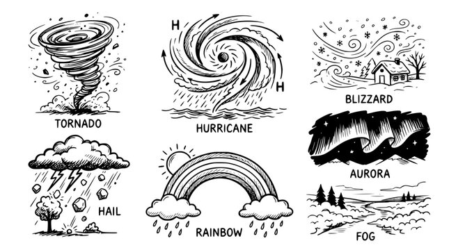 Hand drawn weather phenomenon elements tornado hurricane blizzard hail aurora rainbow fog, black ink sketch vector illustration