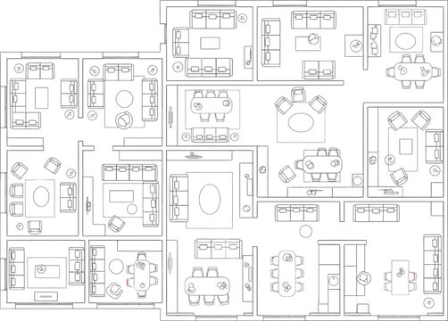 Detailed architectural floor plan drawing showing a modern residential apartment layout with multiple rooms furniture placement and structural wall dimensions