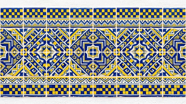 Mexico pattern talavera blue and yellow tile decorative background with talavera geometric colorful seamless ornament