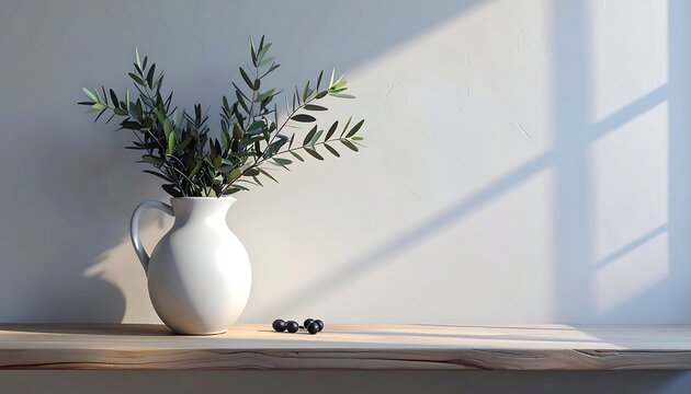 Olive branches in white ceramic pitcher on wooden shelf with soft morning sunlight casting shadows on wall