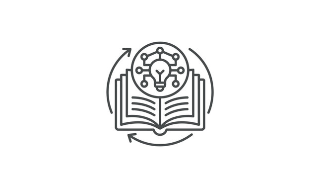 Dynamic Black and White of Open Book with Circuit Board and Lightbulb Inside Circular Flow with high quality professional line art symbols for modern creative design and digital branding projects