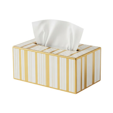 A tissue box with yellow and white stripes and a tissue sticking out.