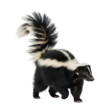 A black skunk with a distinctive white stripe and fluffy tail.