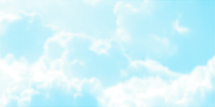 Bright blue sky halftone background. Fading retro comic gradient pattern. Pixelated dotted cloud texture overlay. Cartoon pop art grain backdrop for poster, banner, advertisement, brochure. Vector
