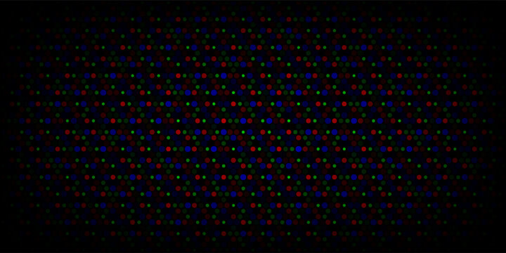 Faded RGB screen pixel background. LCD display grid dots wallpaper. LED TV screen pattern. Red Green Blue diode pixels videowall concept. Projector or television monitor texture backdrop. Vector