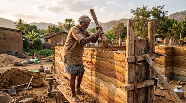 Elderly male builder constructing a mud wall at sunset