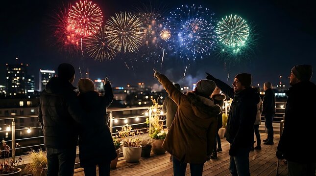 People watching colorful fireworks display celebration at night over city skyline